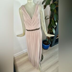 David’s Bridal Sleeveless Long Mesh Vneck Dress with Beaded Waistband. Size 14